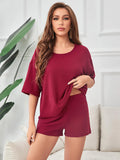 FASHION SUMMER RED WAFFLE SHORT-SLEEVED SHORTS SET