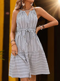 STRAP STRIPED HALTER PLEATS DRESS