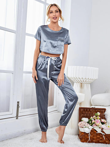 FASHION SILK-LIKE SHORT TOP TROUSERS SUIT