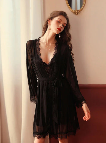 FASHION SEXY LACE OPENWORK NIGHTGOWN SUIT