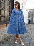 V-NECK FLARED SLEEVE LONG SLEEVE DRESS