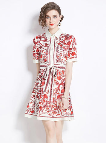 RETRO PRINTED SLIM SHORT-SLEEVED DRESS