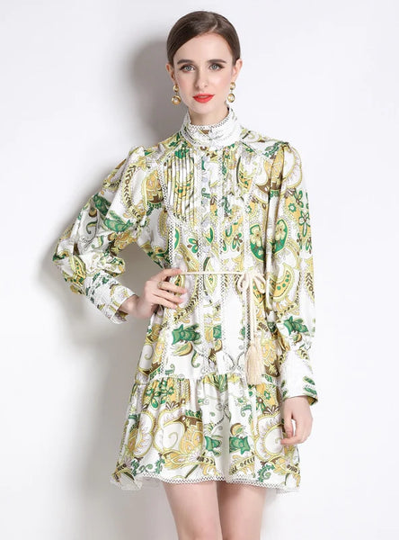 LANTERN SLEEVE PRINTED SHORT DRESS