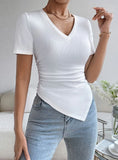 V-NECK SLIM IRREGULAR KNITTED SHORT SLEEVE TOP