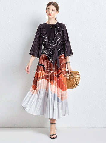 PLEATED LOOSE PRINTED PLEATED LONG SEEVE DRESS