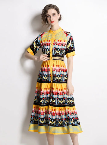 Round Neck Short Sleeve Single-breasted Printed Dress
