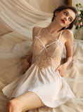 FASHION SEXY V LACE SATIN PERSPECTIVE SUSPENDER NIGHTDRESS