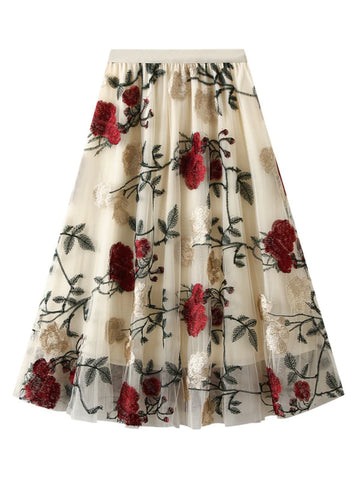 RETRO HIGH WAIST EMBROIDERED LARGE FLOWER GAUZE SKIRT