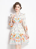 VINTAGE PRINTED V-NECK LANTERN SLEEVE SLIM DRESS