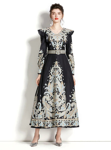 LONG SLEEVE RUFFLED VINTAGE PRINTED DRESS