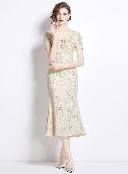 V-NECK RHINESTONE SLIM FISHTAIL DRESS
