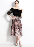 LACE BLOUSE PRINTED SKIRT TWO-PIECE SUIT