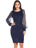 MESH STITCHING SEQUINED LONG SLEEVE DRESS