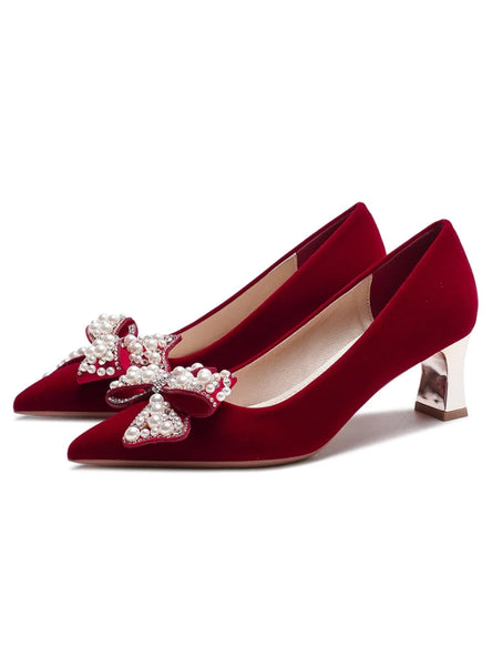 RED THIN HEELS AND POINTED WEDDING SHOES