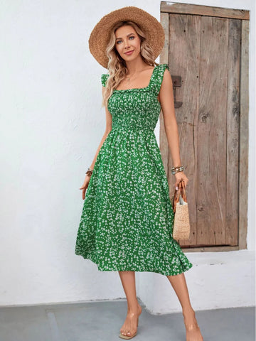 GREEN FLORAL TEMPERAMENT BOHEMIAN DRESS