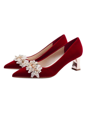 THICK-HEELED POINTED RED WEDDING SHOES