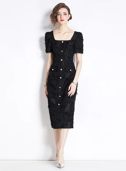 RETRO FRINGED SQUARE COLLAR SHORT SLEEVE SLIM DRESS