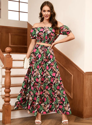 FASHION BOHEMIAN PRINTED TOP AND LONG SKIRT SUIT