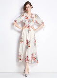 FLOWER BUBBLE SLEEVES SLIM FLORAL DRESS