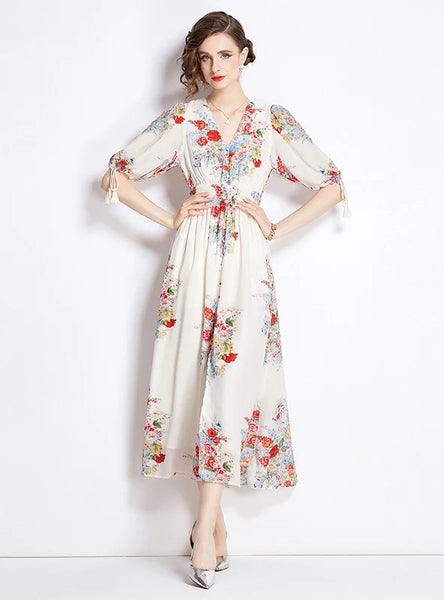 FLOWER BUBBLE SLEEVES SLIM FLORAL DRESS