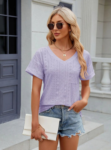 SOLID COLOR POCKET V-NECK SHORT SLEEVE T-SHIRT