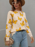 FASHION PRINTED BUTTERFLY ROUND NECK LOOSE SWEATER