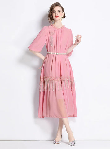 BEADED FLOWER LOOSE TASSEL DRESS