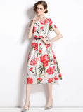 RETRO PRINTED ROUND NECK SLIM SHORT SLEEVE DRESS