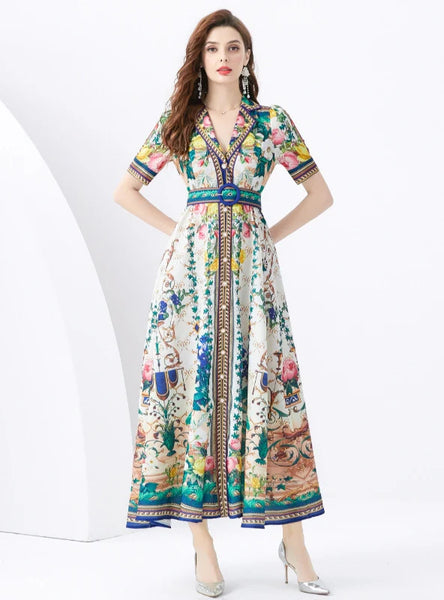 HOLIDAY SHORT SLEEVE PRINTED LONG DRESS