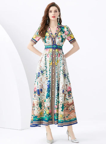 HOLIDAY SHORT SLEEVE PRINTED LONG DRESS