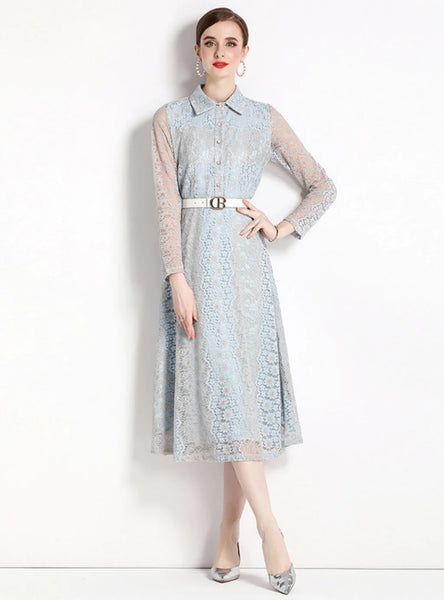 LACE LAPEL LONG SLEEVE DRESS