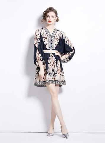 RETRO PRINTED V-NECK SHORT DRESS