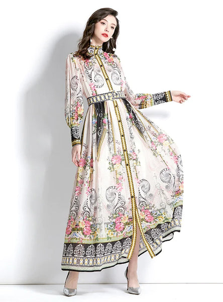 RETRO LONG SLEEVE PRINT LONG DRESS