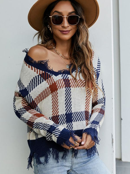 FASHION BROKEN V-NECK LOOSE CHECK JACQUARD SWEATER