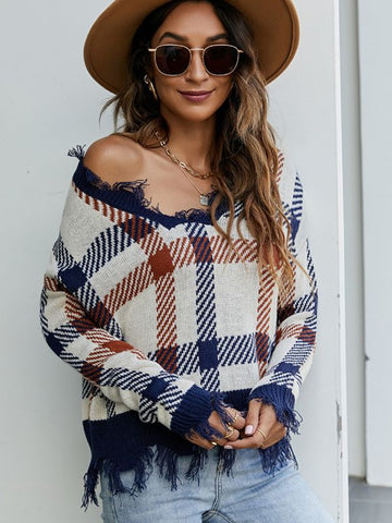 FASHION BROKEN V-NECK LOOSE CHECK JACQUARD SWEATER