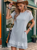 LACE STITCHING SOLID COLOR POCKET DRESS