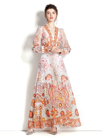 RETRO DEEP V-NECK LANTERN SLEEVE PRINTED DRESS