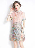 RETRO JACQUARD STAND COLLAR LACE DRESS