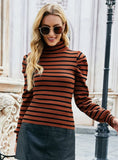 FASHION BUBBLE SLEEVE SLIM KNIT STRIPED TOP