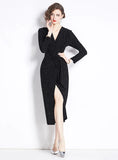 HOT DRILLING SLIT V-NECK PLEATED LONG DRESS