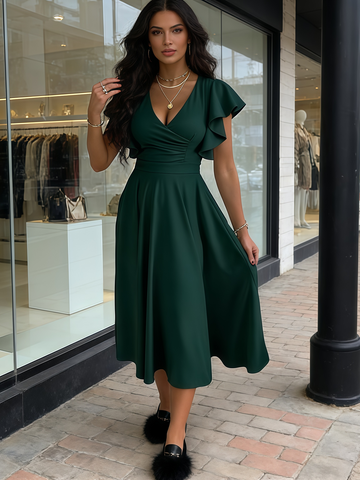 Green Ruffles V Neck Chiffon Maxi Party Dress