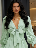 Light Blue V Neck Knotted Tiered Chiffon Long Sleeve Mini Dress