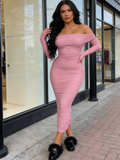 Off The Shoulder Maxi Long Sleeve Ruched Fitted Bodycon Dress