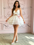 White Spaghetti Strap A-Line Tulle Homecoming Dress Bow