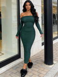 Off The Shoulder Maxi Long Sleeve Ruched Fitted Bodycon Dress