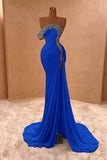 Crystal Royal Blue One Shoulder Ruched Tulle Prom Dress
