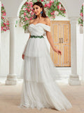 Off The Shouler Layer Tulle Belt Lace Wedding Dress