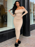 Off The Shoulder Maxi Long Sleeve Ruched Fitted Bodycon Dress