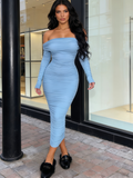 Off The Shoulder Maxi Long Sleeve Ruched Fitted Bodycon Dress