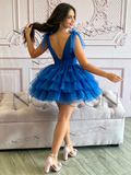 Royal Blue Tie V Neck Layers Tulle Short Homecoming Dress